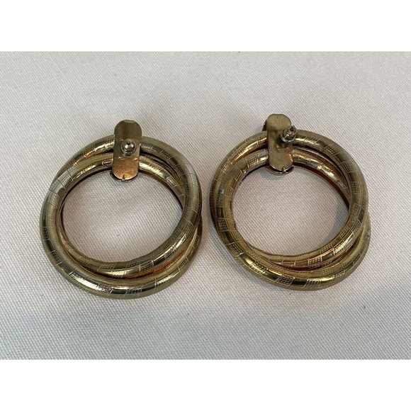 Vintage Extra-Large Hoop Earrings Gold Tone Pierced Statement Etched Brass - Picture 6 of 9
